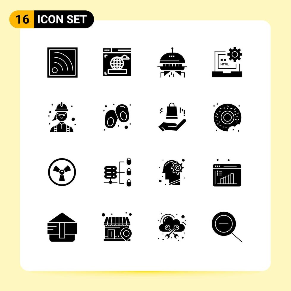 Interfaz de usuario de 16 paquetes de glifos sólidos de signos y símbolos modernos de elementos de diseño de vectores editables para el desarrollo de la construcción de ovnis de electricista femenina