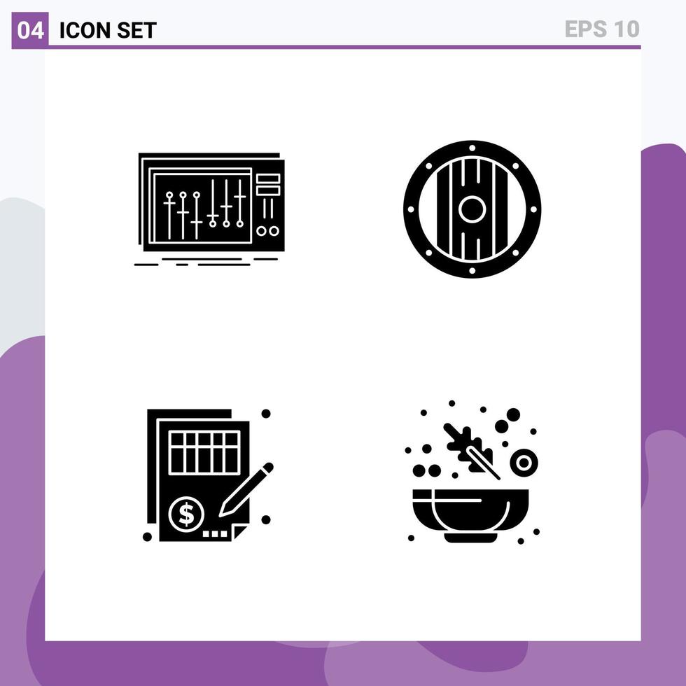 4 Thematic Vector Solid Glyphs and Editable Symbols of console accuracy music game document Editable Vector Design Elements