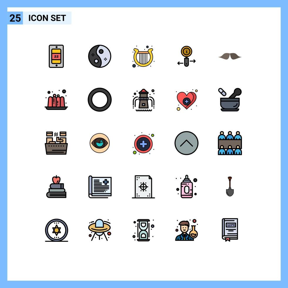 Group of 25 Modern Filled line Flat Colors Set for hipster search harp zoom info Editable Vector Design Elements