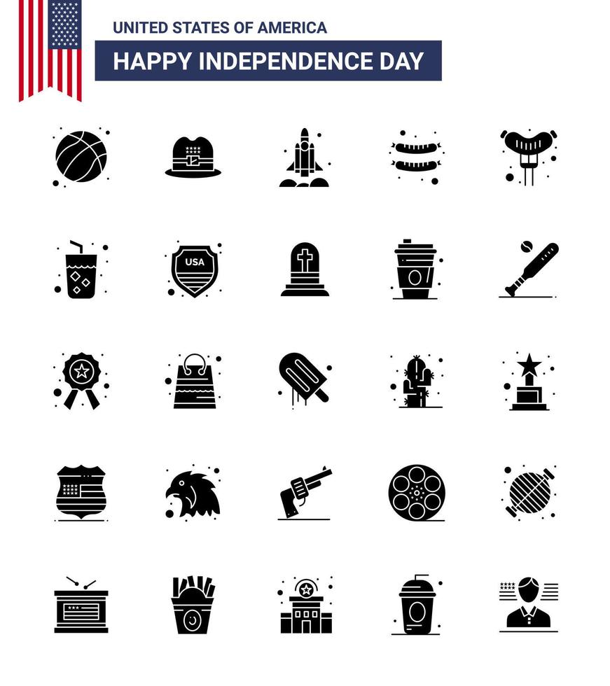 25 USA Solid Glyph Pack of Independence Day Signs and Symbols of juice alcohol rocket sausage food Editable USA Day Vector Design Elements