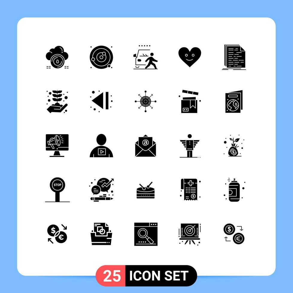 Mobile Interface Solid Glyph Set of 25 Pictograms of happy love solar system road danger Editable Vector Design Elements