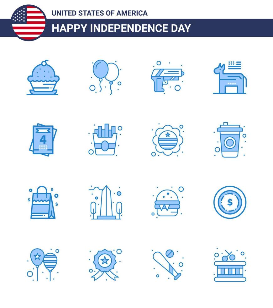 usa feliz día de la independencia pictograma conjunto de 16 azules simples de invitación partido político arma americana elementos de diseño vectorial del día de estados unidos editables vector