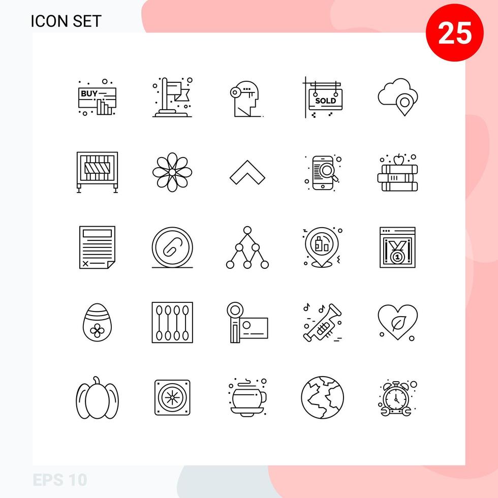 Mobile Interface Line Set of 25 Pictograms of map real estate key sold board Editable Vector Design Elements