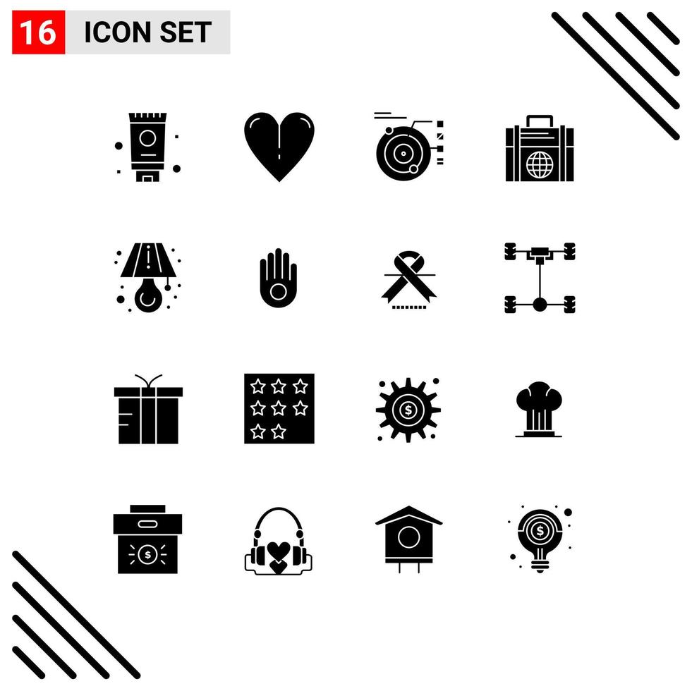 Pack of 16 Modern Solid Glyphs Signs and Symbols for Web Print Media such as table lamp orbit globe investment Editable Vector Design Elements