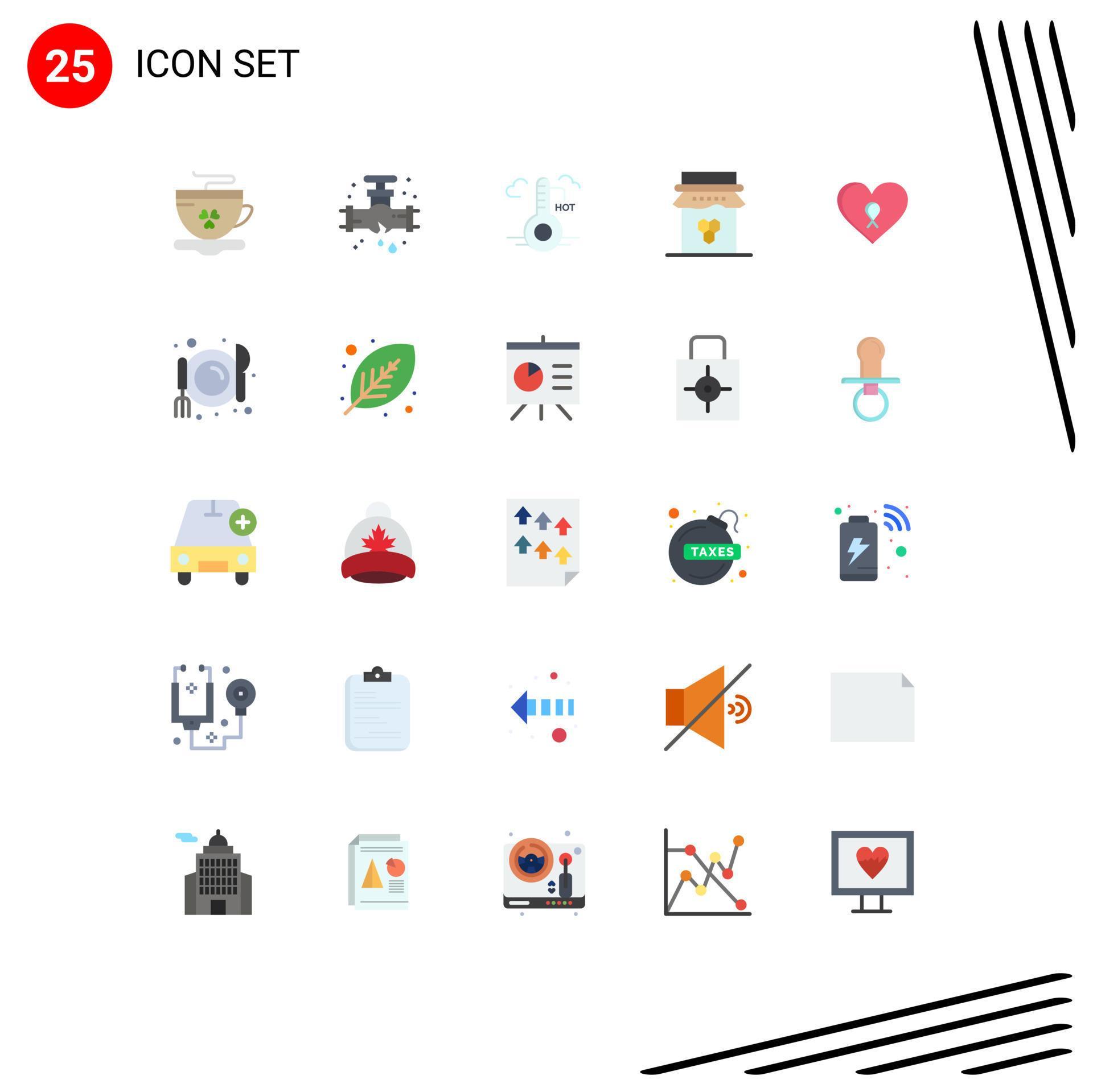 Pictogram Set of 25 Simple Flat Colors of heart sweet temperature jam