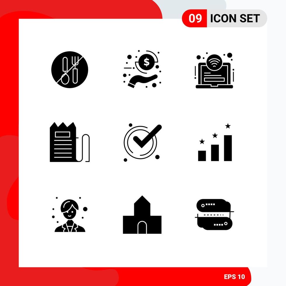 Pack of 9 Modern Solid Glyphs Signs and Symbols for Web Print Media such as price invoice payment commerce wifi Editable Vector Design Elements