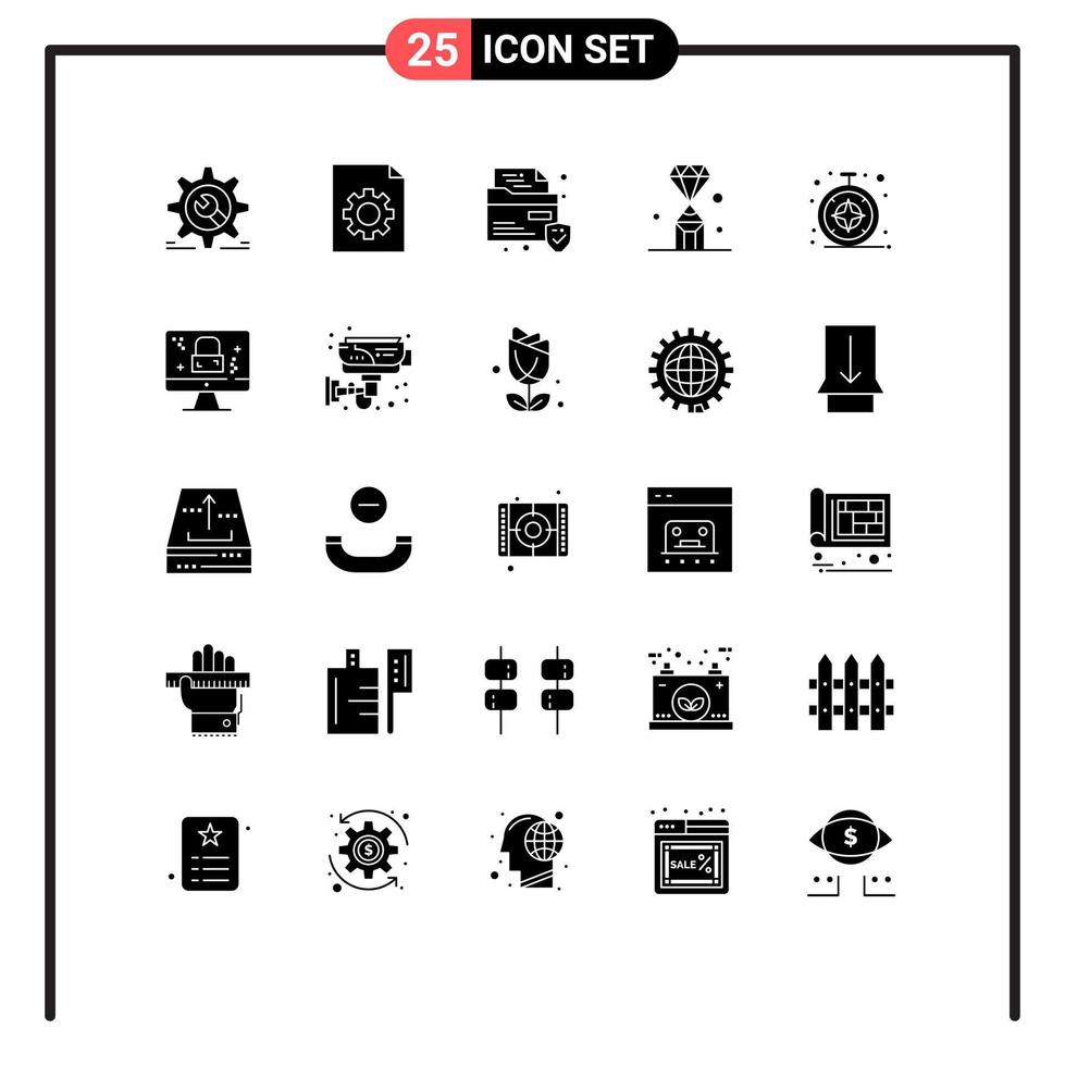 Set of 25 Vector Solid Glyphs on Grid for compass value file pen diamond Editable Vector Design Elements