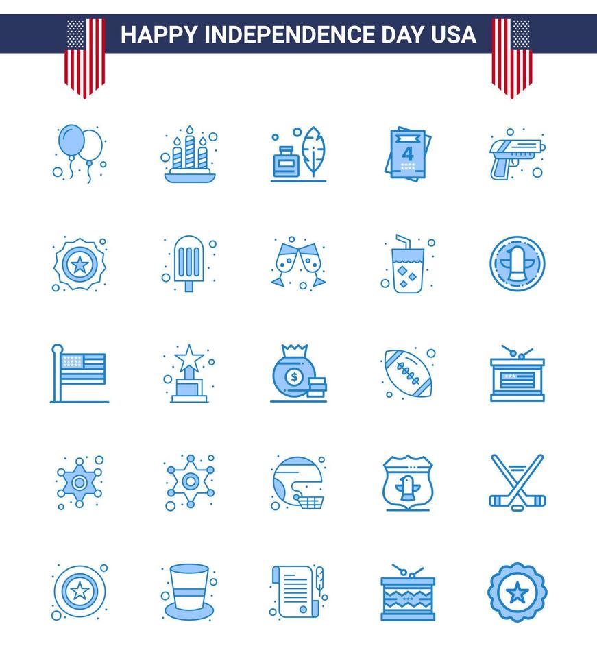 Stock Vector Icon Pack of American Day 25 Blue Signs and Symbols for weapon security feather gun love Editable USA Day Vector Design Elements