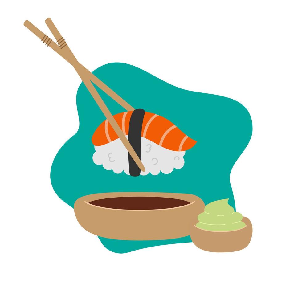 Cute Sushi With Soy Sauce Cartoon Vector Icon Illustration.