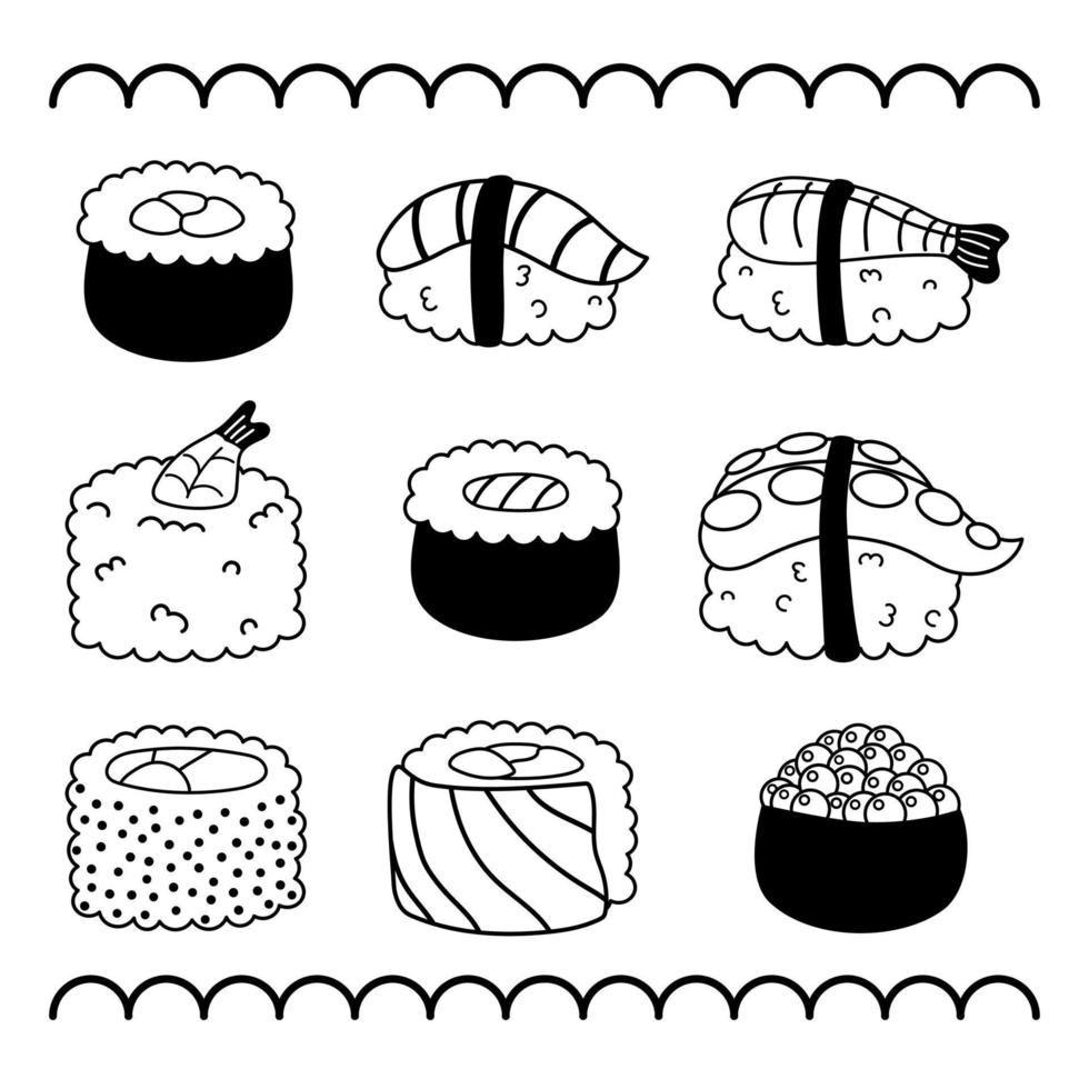 Collecton of handrawn sushi doodles vector