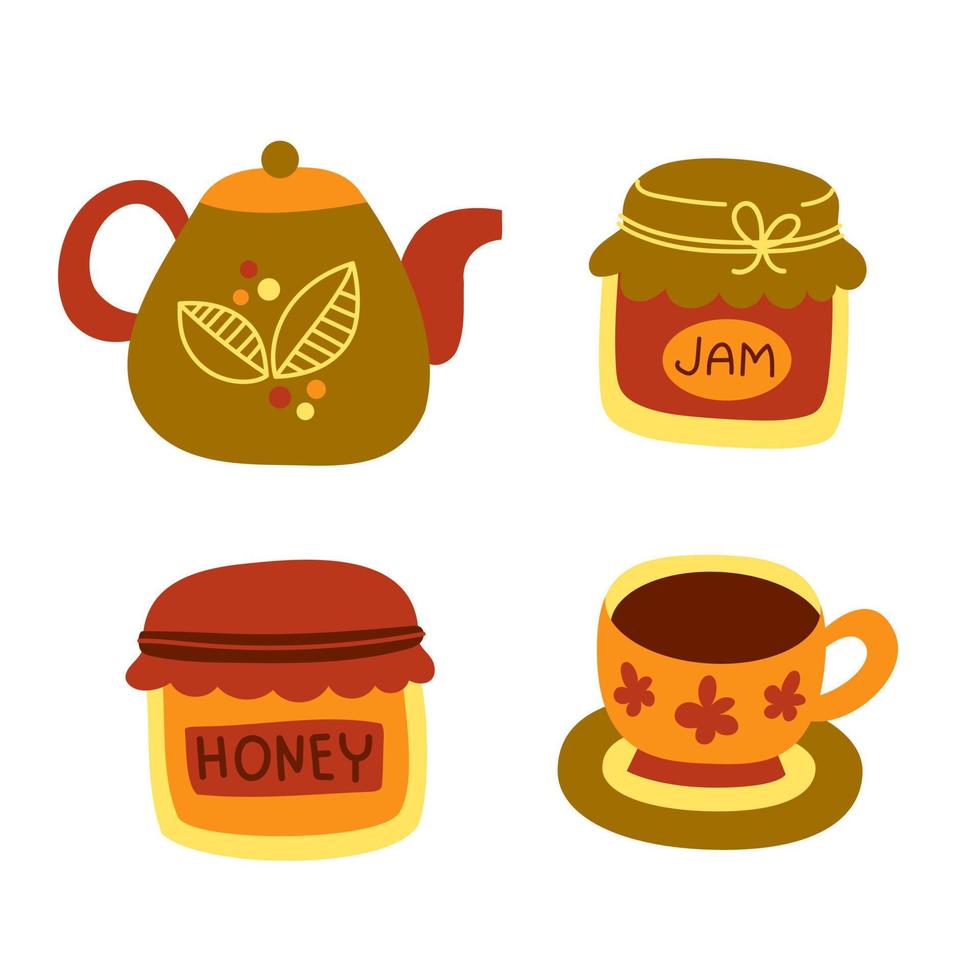 bonito juego de té. tetera, taza, mermelada, miel. vector