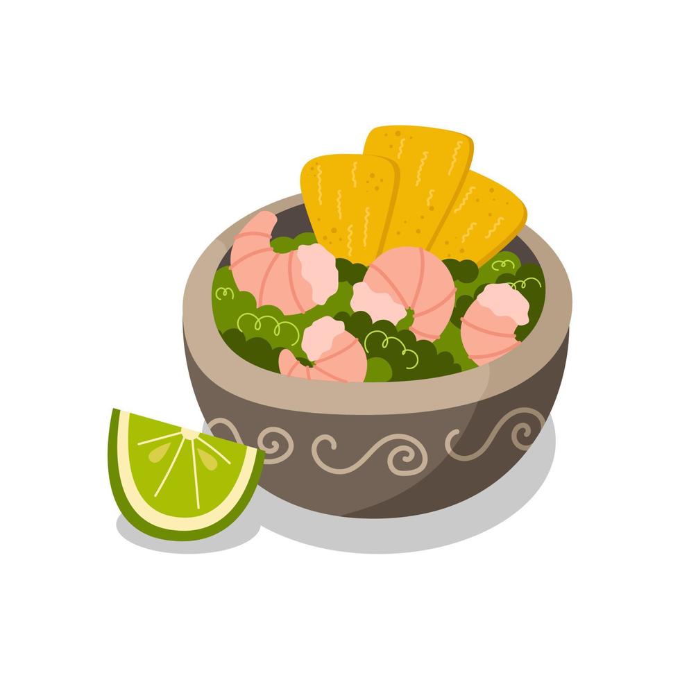 Colorful Mexican dish. Nachos chips with shrimp salad and lime. Food vector cartoon