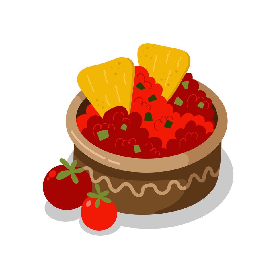 Colorful Mexican dish. Chips nachos with tomato salsa. Vector cartoon illustration of food