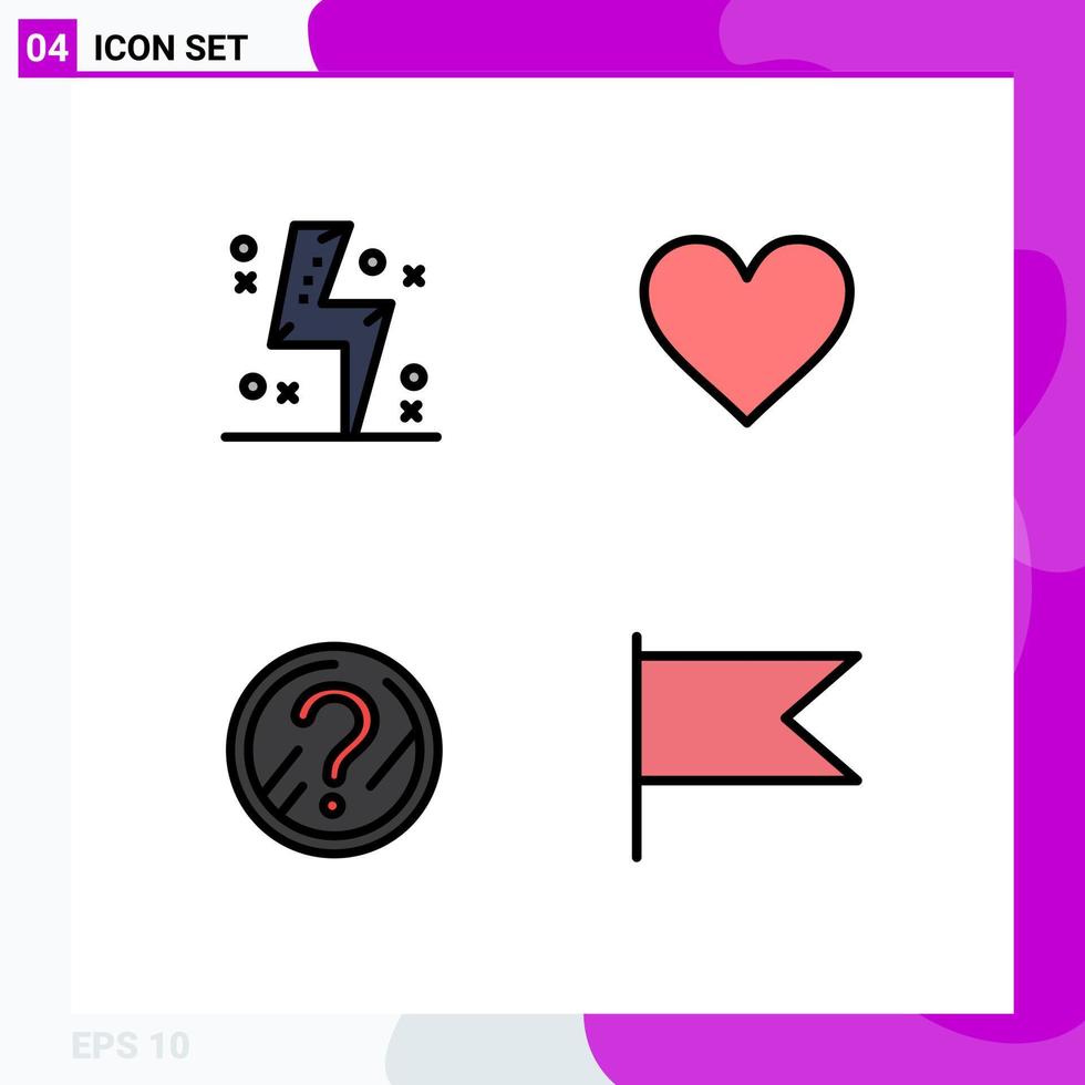 User Interface Pack of 4 Basic Filledline Flat Colors of battery question energy love problem Editable Vector Design Elements