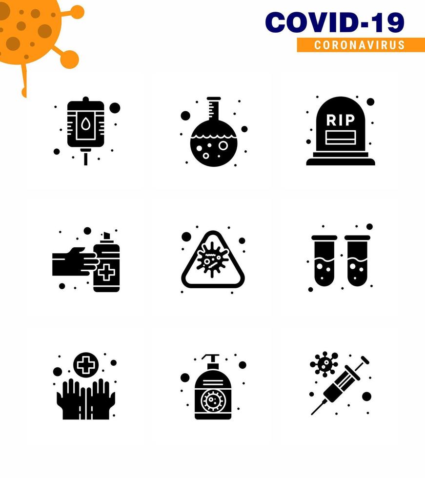 9 Solid Glyph Black Coronavirus disease and prevention vector icon disease alert grave spray hands viral coronavirus 2019nov disease Vector Design Elements