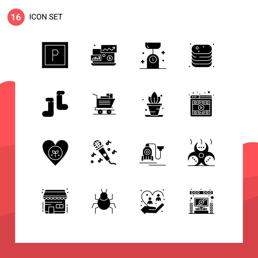 conjunto moderno de 16 pictogramas de glifos sólidos de la tienda de zapatos elementos de diseño de vectores editables enlatados de alimentos balanceados