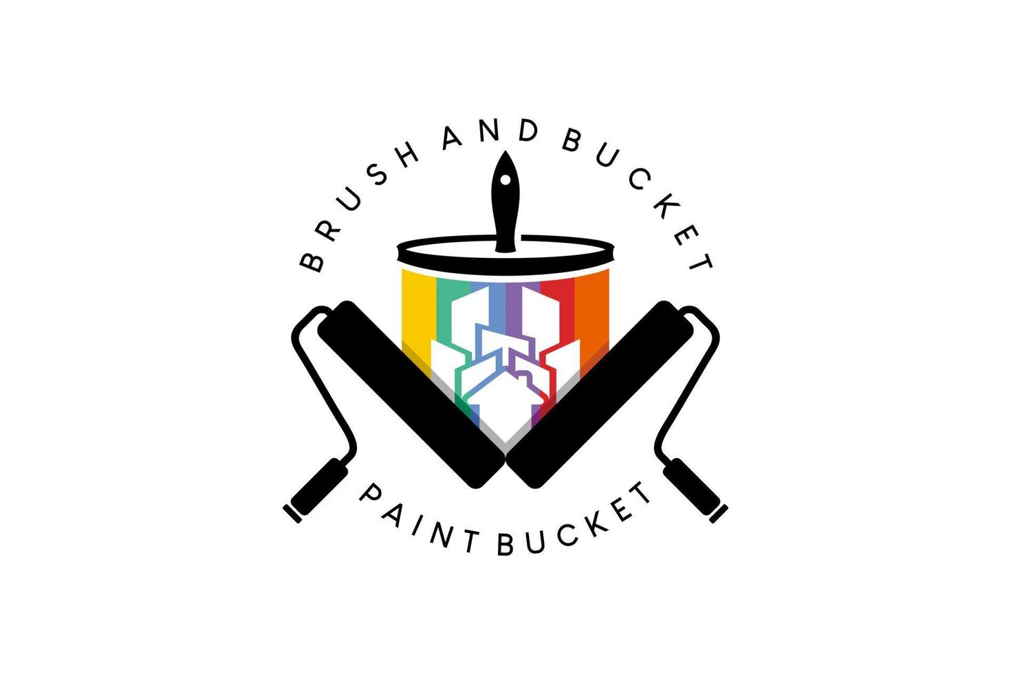 Paint bucket logo design with brush and roller in modern and creative concept vector
