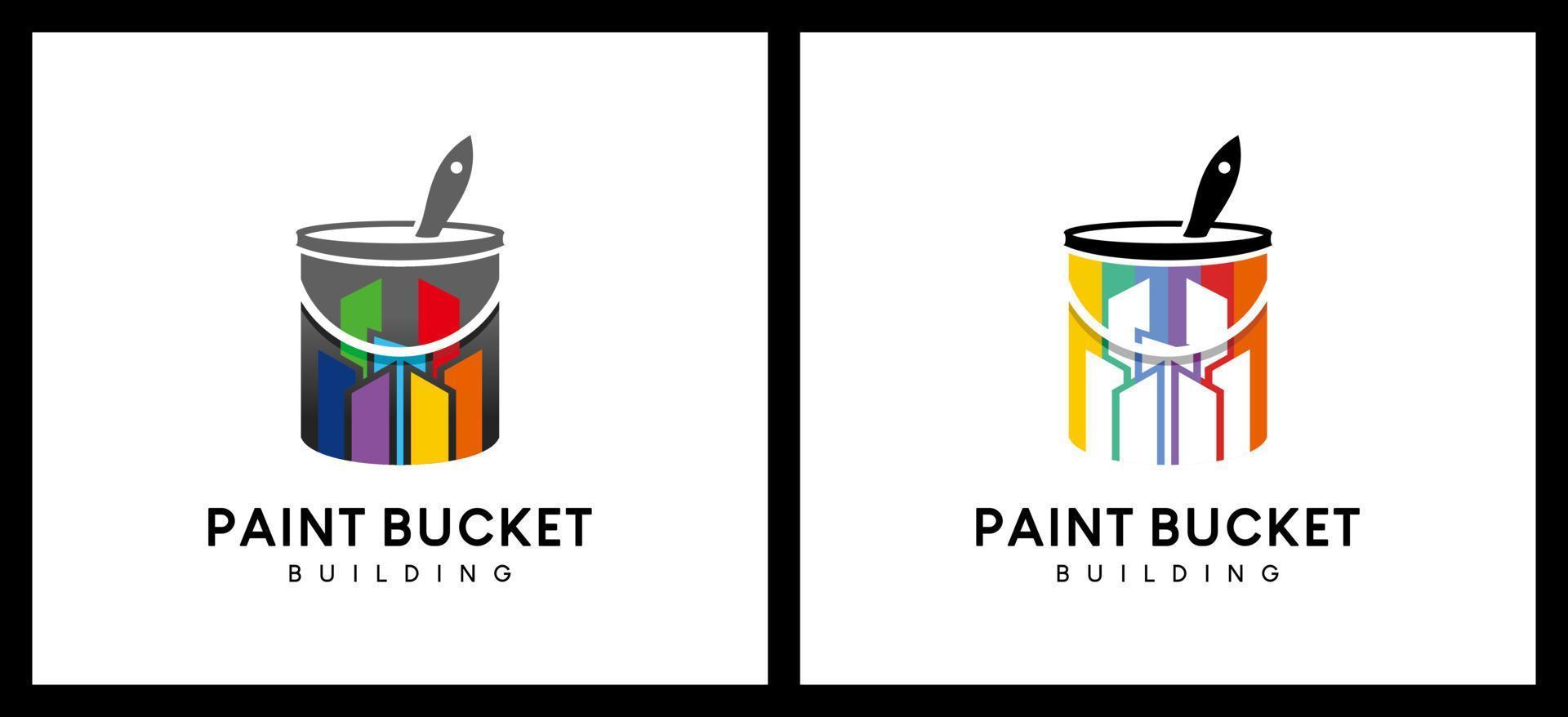 Paint bucket vector illustration logo design, combination of paint bucket, brush and building