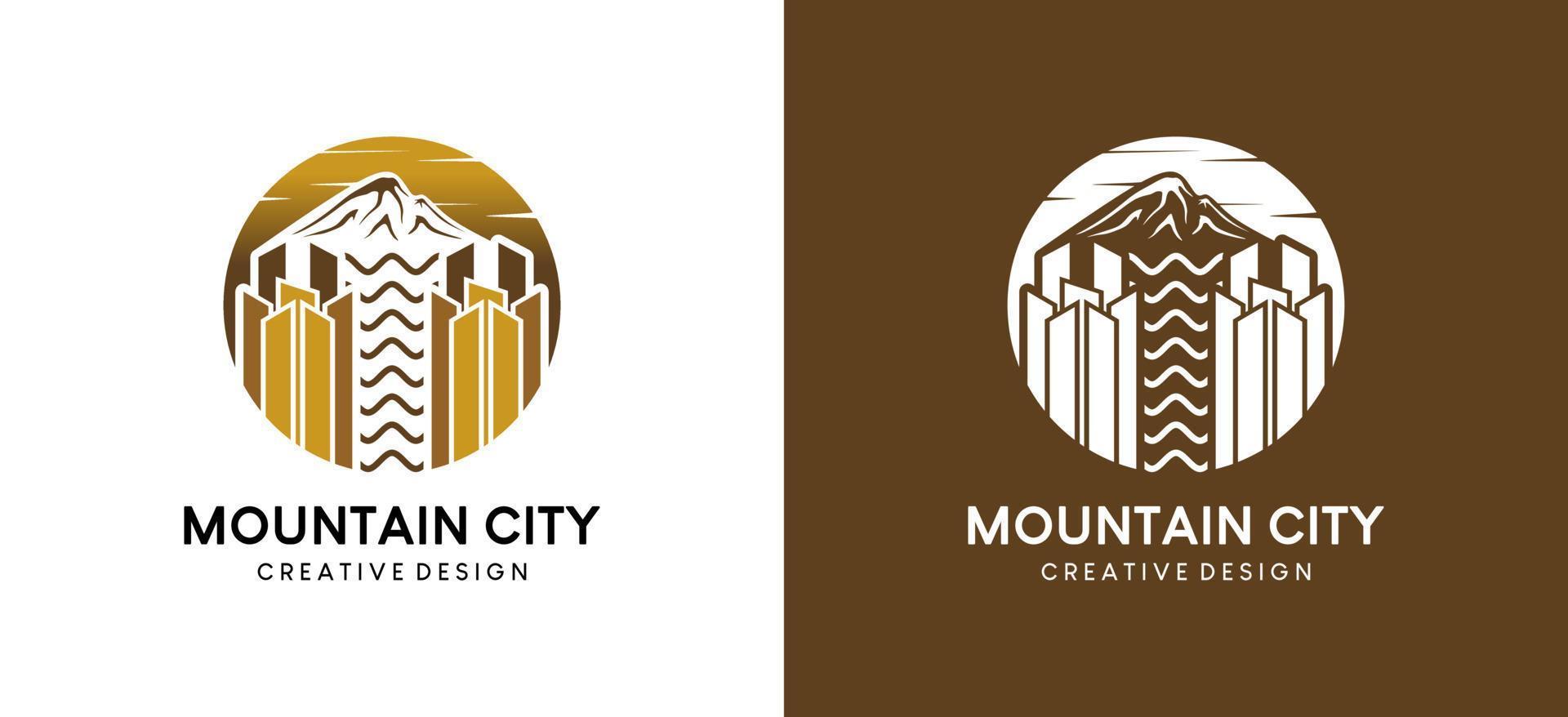 Mountain city logo design, luxury style building and mountain combination vector illustration