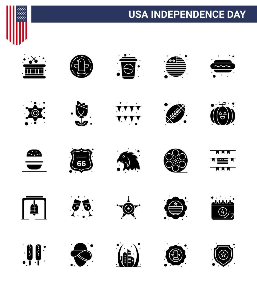 25 USA Solid Glyph Pack of Independence Day Signs and Symbols of hot i dog cola hot dog flag Editable USA Day Vector Design Elements