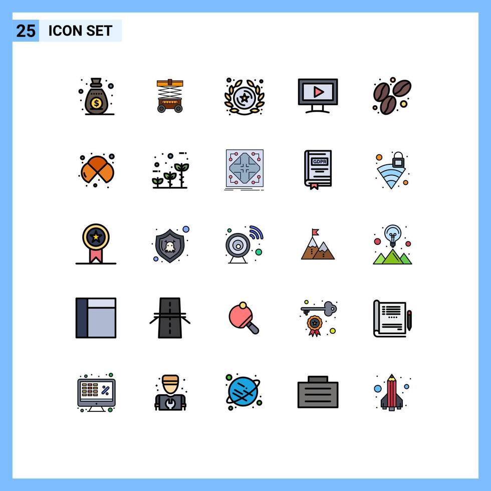 User Interface Pack of 25 Basic Filled line Flat Colors of food bean badge video monitor Editable Vector Design Elements