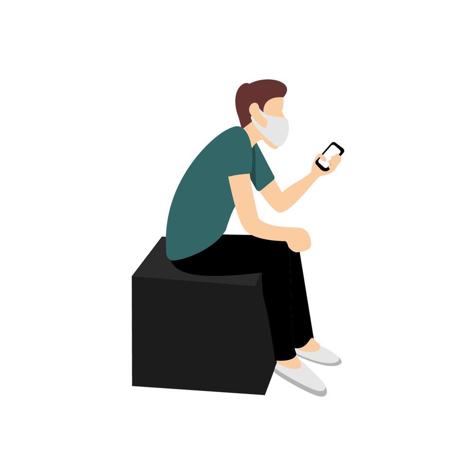 Vector design of person wearing mask sitting and using smart phone
