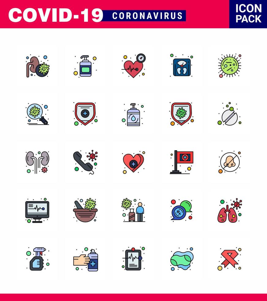 25 línea llena de color plano coronavirus enfermedad y prevención vector icono bacteria máquina corazón peso manejo viral coronavirus 2019nov enfermedad vector elementos de diseño