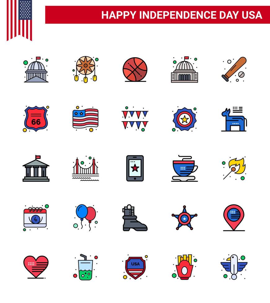 Flat Filled Line Pack of 25 USA Independence Day Symbols of white house western building usa Editable USA Day Vector Design Elements