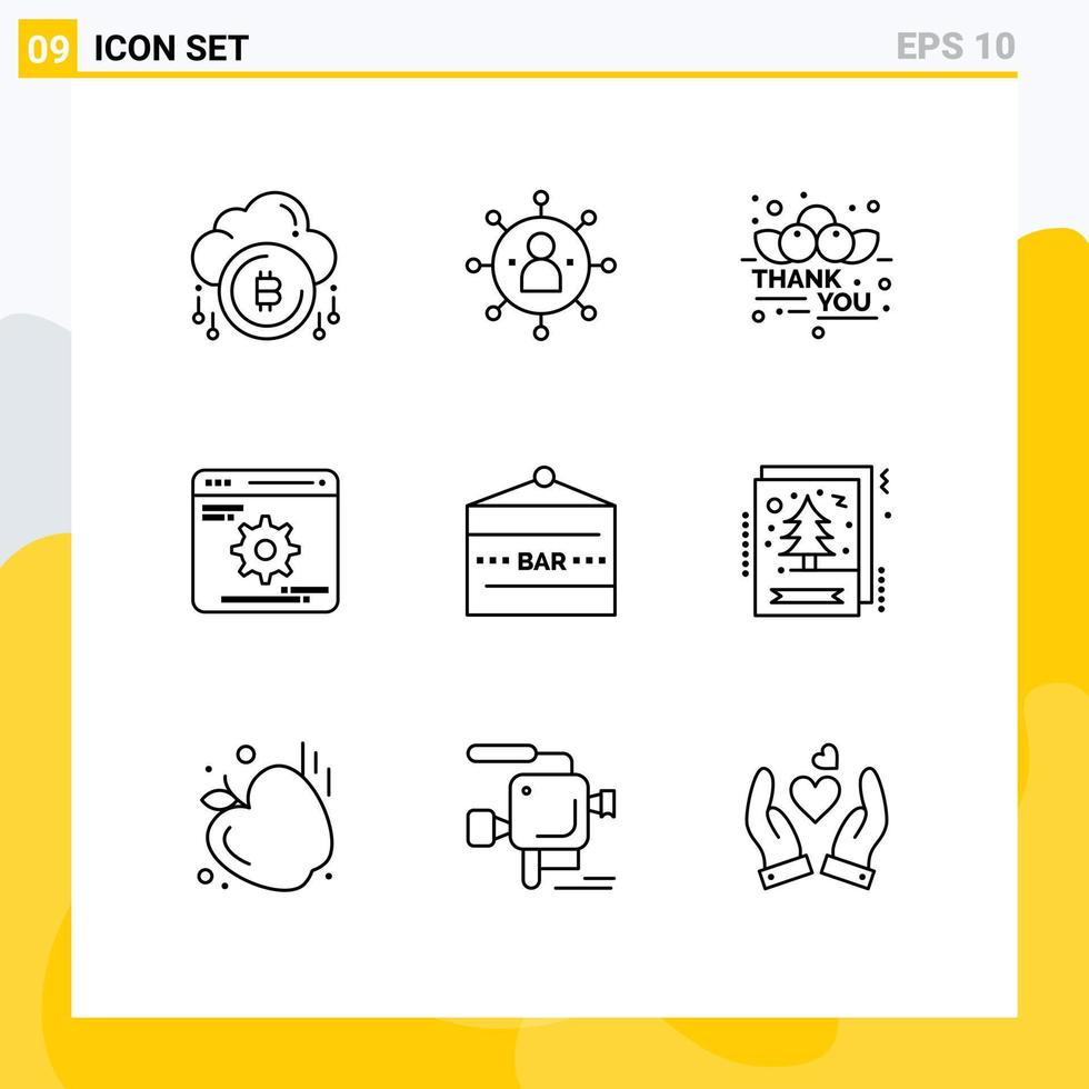 Pack of 9 Modern Outlines Signs and Symbols for Web Print Media such as optimization development person cogwheels message Editable Vector Design Elements