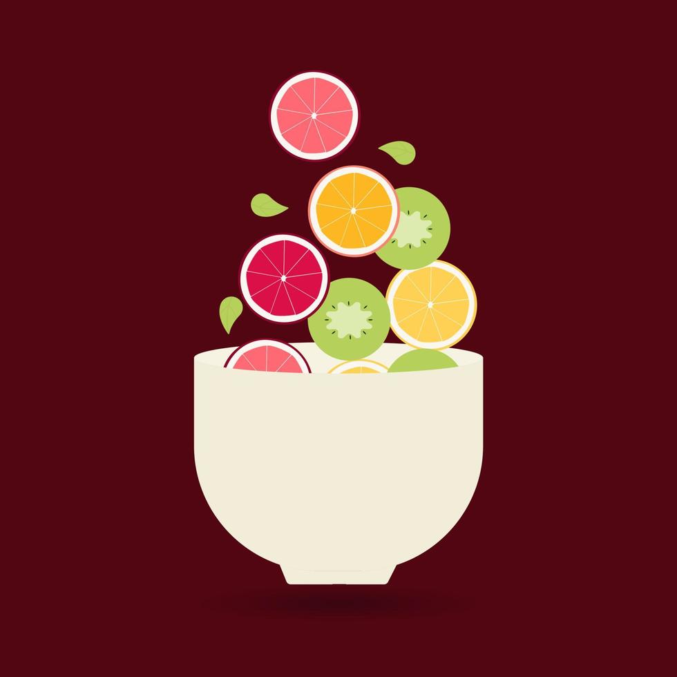 Sticker, badges, button, banner, flat illustration with deep transparent plate with sliced fruit. Orange, kivi, grayfruit, mint, lemon vector