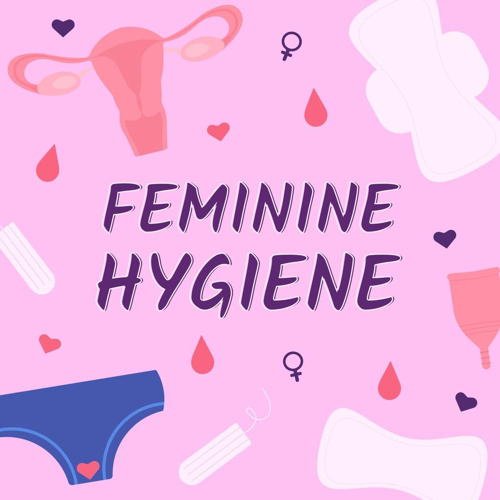 pancarta, afiche, pegatinas sobre el tema del período femenino con almohadillas, tampones, copa menstrual, calzoncillos, útero y texto higiene femenina sobre fondo rosa vector