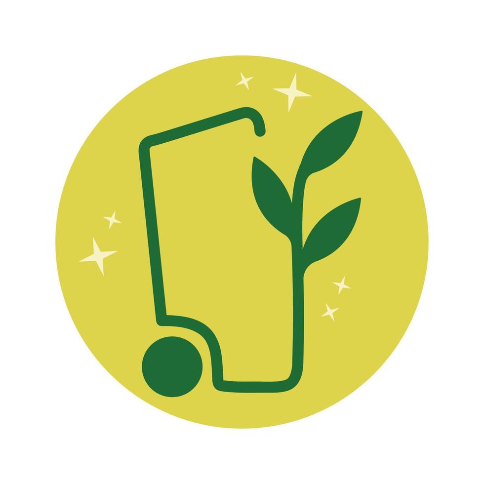 icono, pegatina, botón sobre el tema del reciclaje con un bote de basura con una planta de fondo redondo amarillo vector