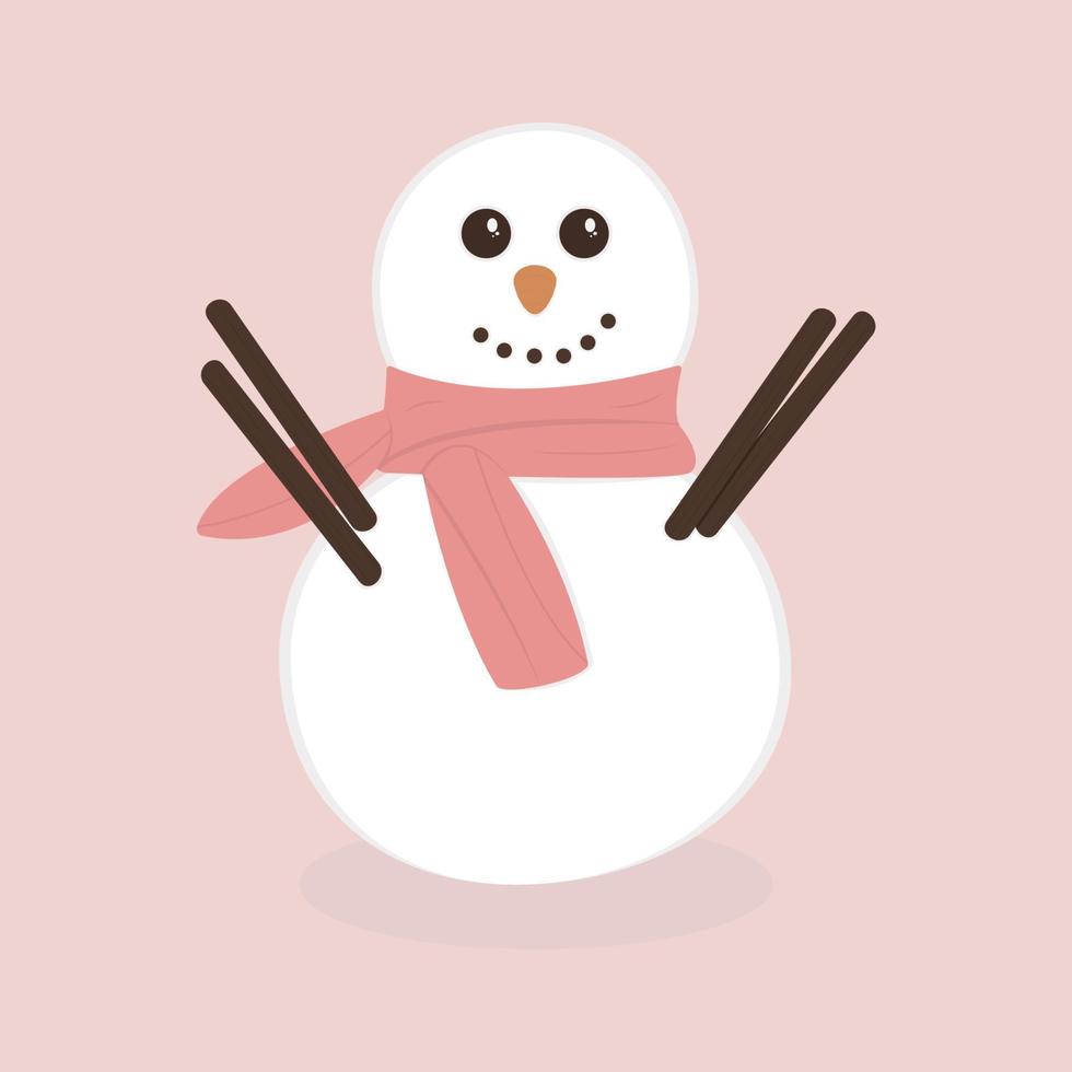 lindo muñeco de nieve sonriente con bufanda sobre fondo rosa vector