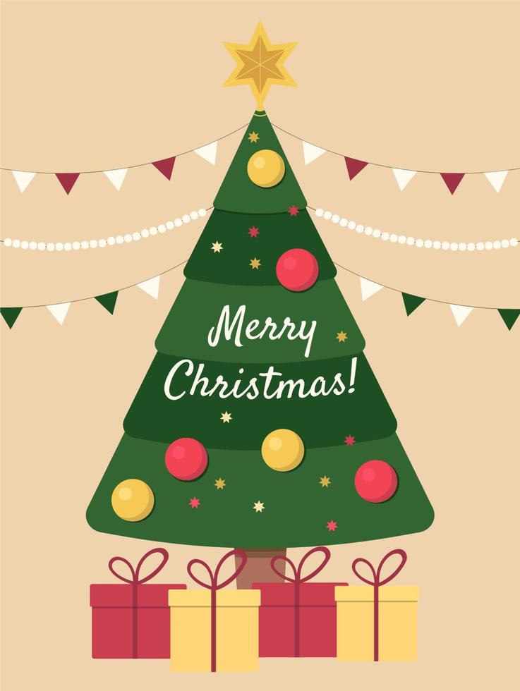 Greeting christmas postcard with christmas tree and gifts and text Merry Christmas on beige background. vector