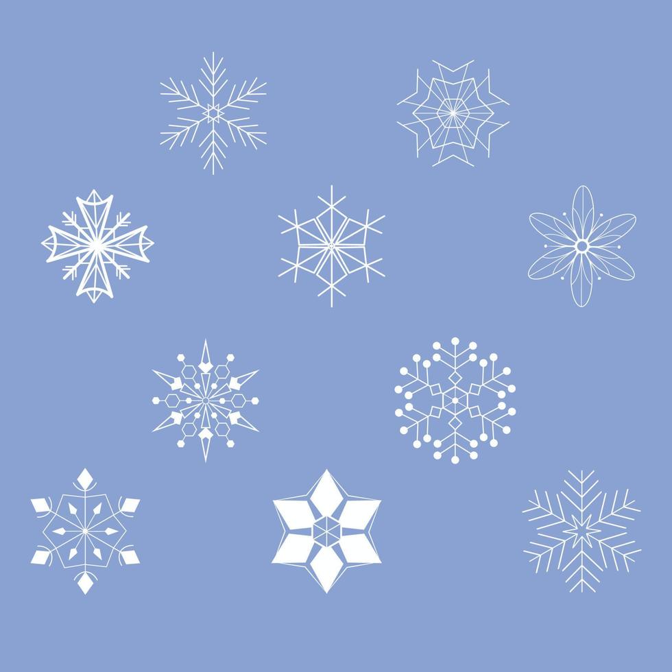 conjunto de diez copos de nieve diferentes sobre fondo azul. vector