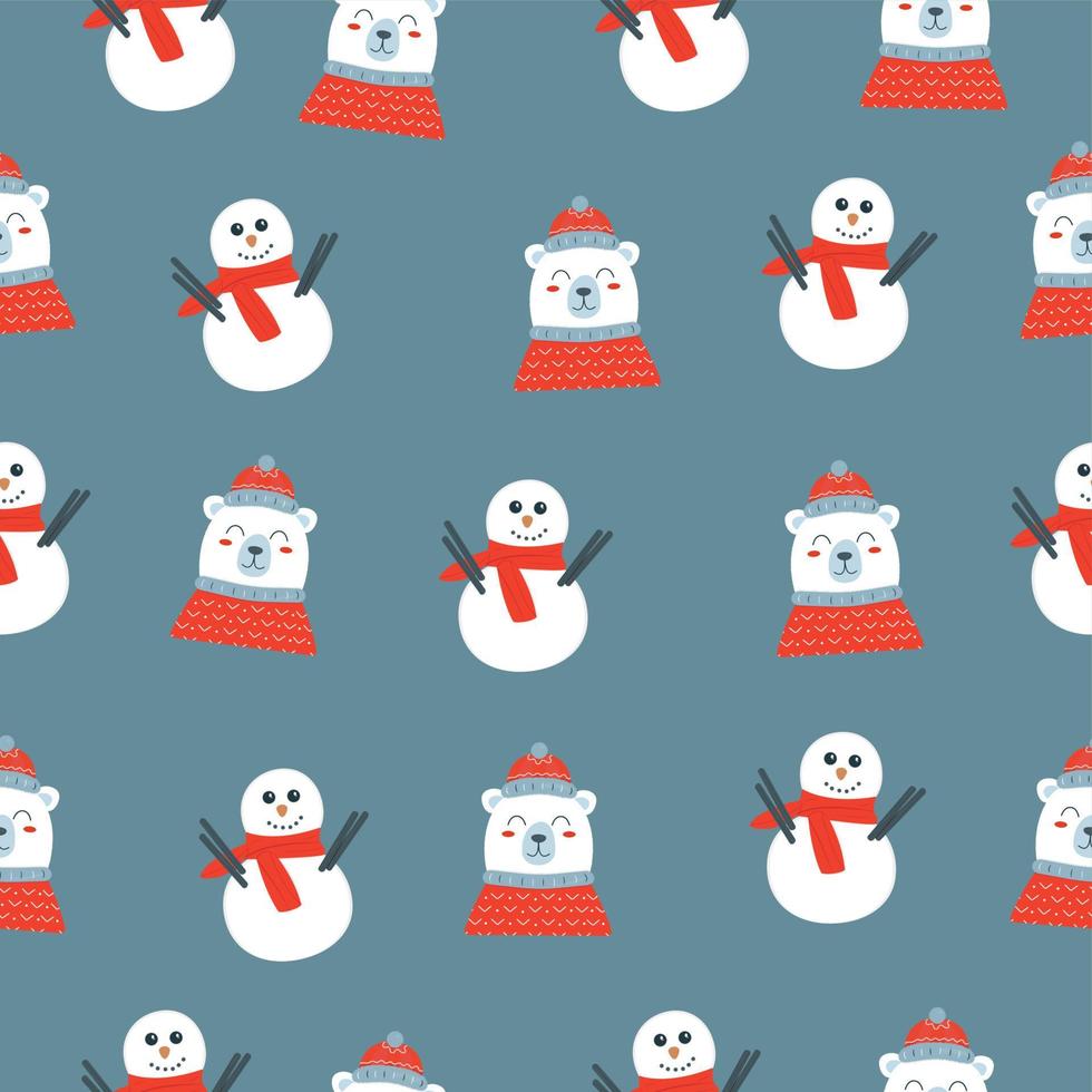 Seamless pattern with Cute smiling snoweman and white bear on a red hat and scarf on dark background vector