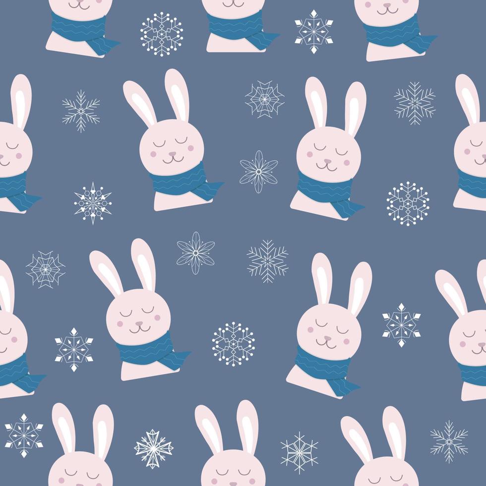 Seamless pattern with winter christmas pink Rabbit on scarf on dark blue background with snowflakes vector
