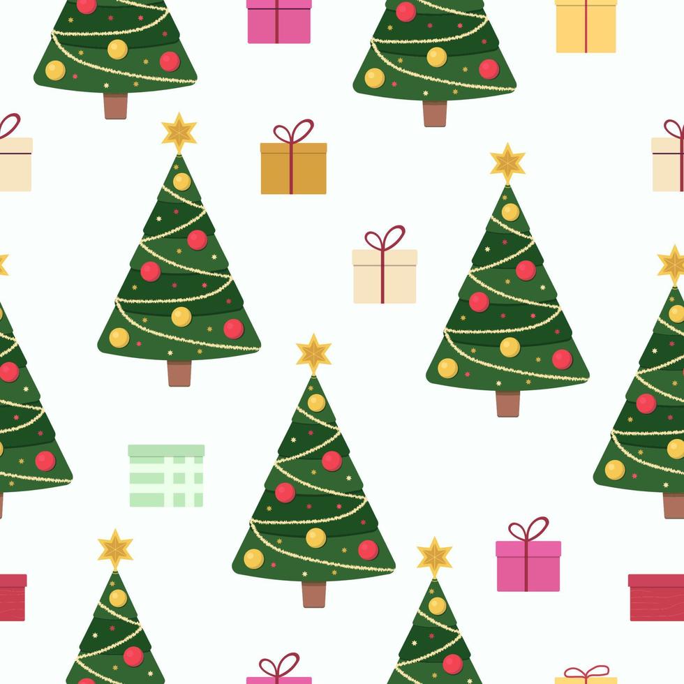 Seamless pattern with Christmas tree and gifts on a white background. The illustration can be used for packaging, clothes, banners. vector
