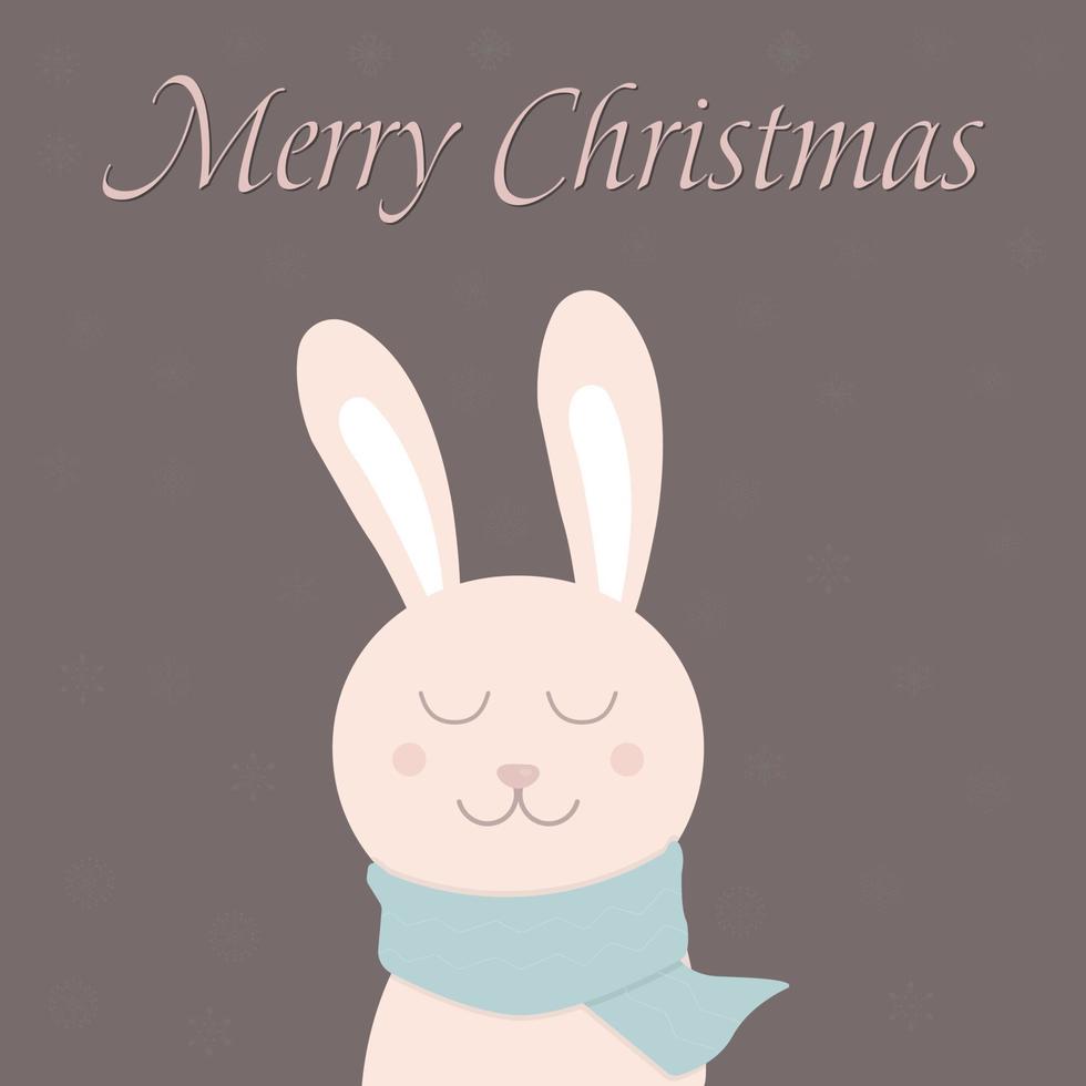 Christmas postcard in retro style with text Merry Christmas and cute rabbit on a scarf on a dark background vector