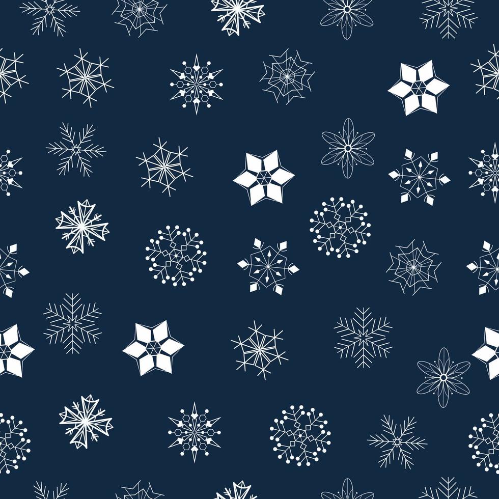 Seamless pattern with different white snowflakes on dark background. vector