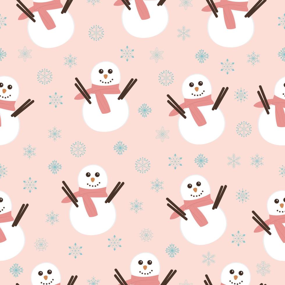 Seamless pattern with Cute smiling snowman with scarf on pink background vector