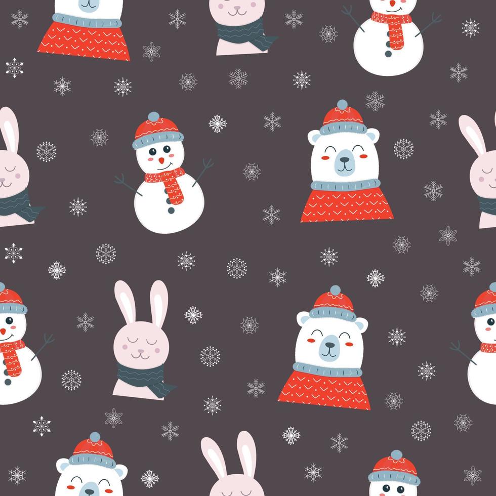 patrón impecable con oso blanco navideño con sombrero rojo y suéter, muñeco de nieve y conejo sobre fondo violeta oscuro vector
