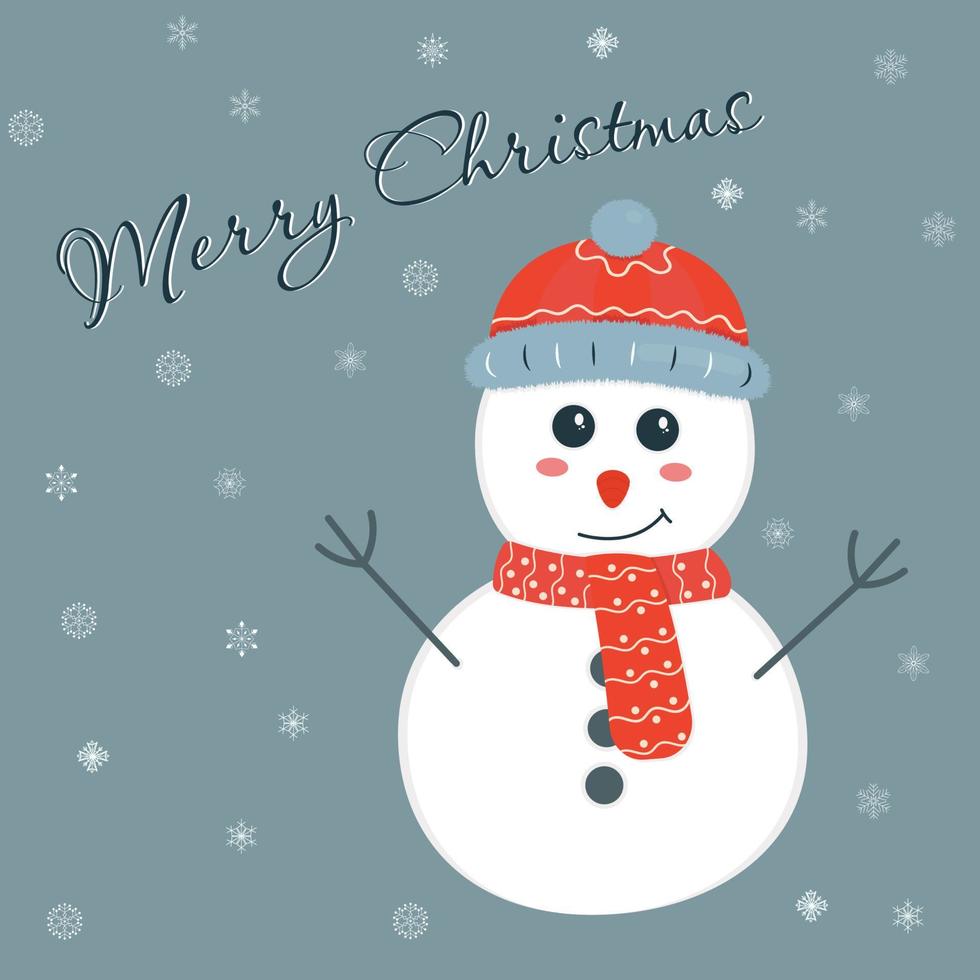 postal de navidad en estilo retro con texto feliz navidad y lindo muñeco de nieve sonriente en un sombrero rojo y bufanda sobre un fondo azul con copos de nieve vector