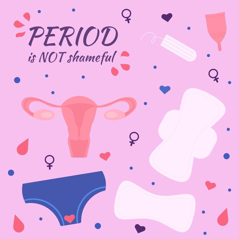 banner, poster, stickers on the theme of the female period with pads, tampon, menstrual cup, underpants, uterus and text Period is not shameful on pink background vector