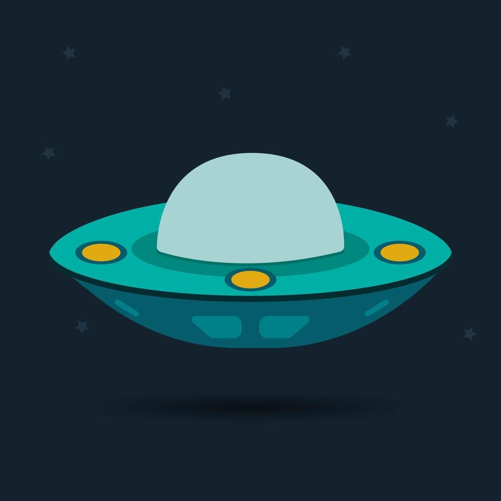 badge, sticker, illustration with flying saucer, UFO on dark background with stars vector