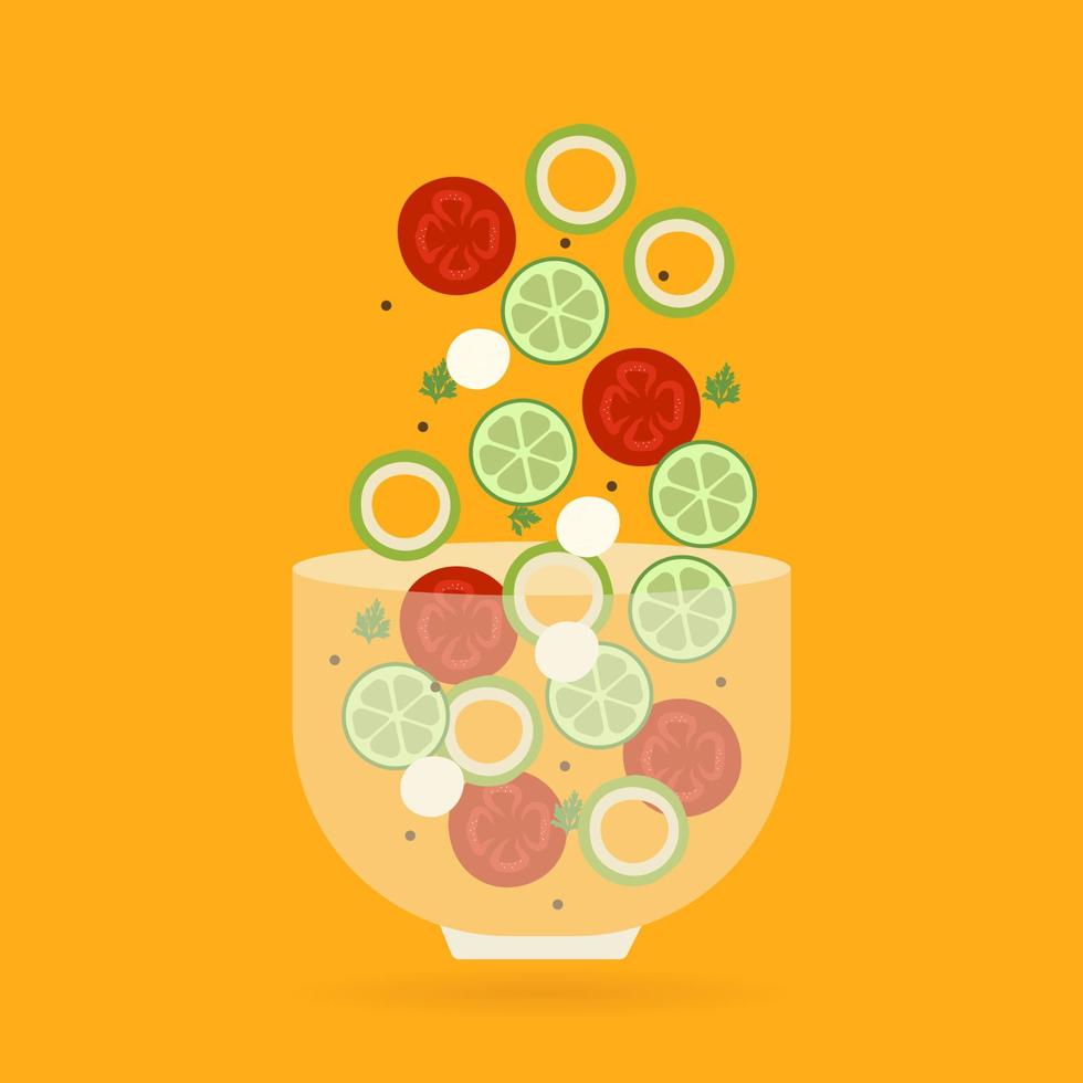 Sticker, badges, button, banner, flat illustration with a deep transparent bowl with cut vegetables. Tomatoes, cucumbers, onions, cheese, parsley vector