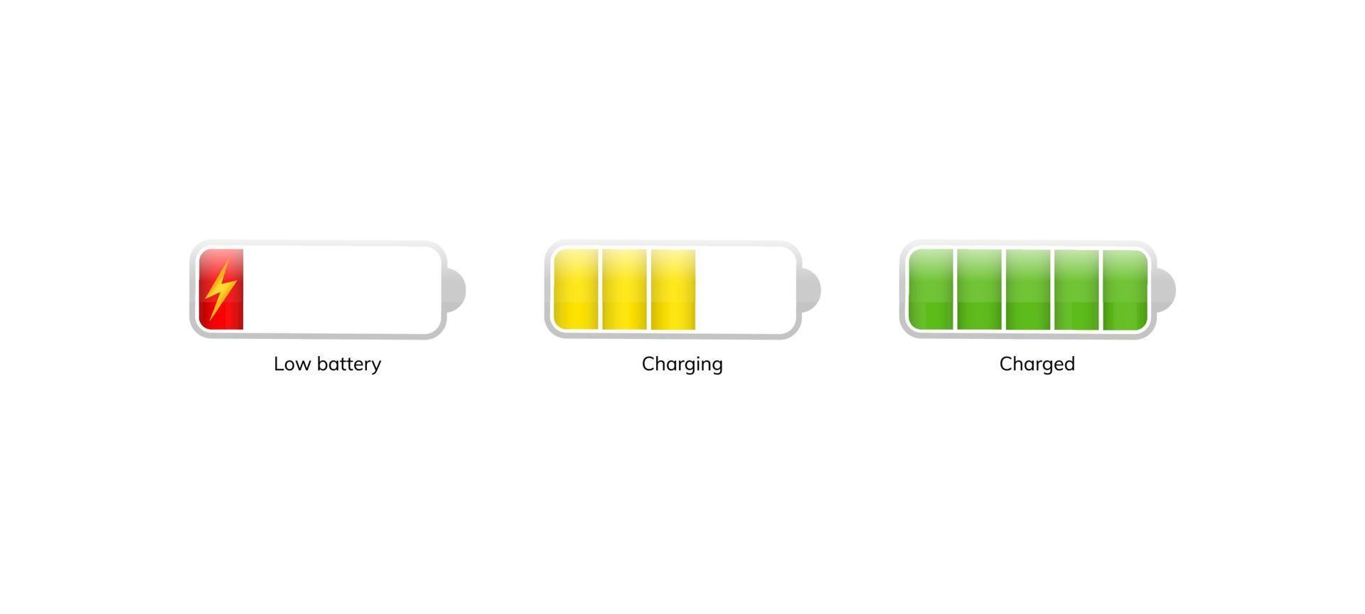 Battery charging process. Discharged, charging and fully charged battery smartphone. Collection of icons battery charge level indicators. Vector Illustration isolated on white background