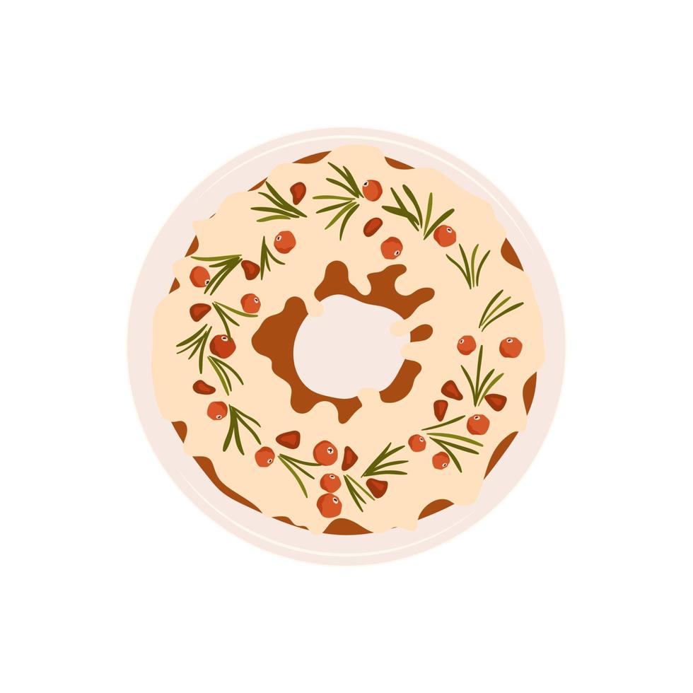 pastel de navidad decorado con glaseado, semillas de granada, arándanos y romero aislado en fondo blanco, vista superior. panadería tradicional de navidad con frutas y bayas. ilustración vectorial vector