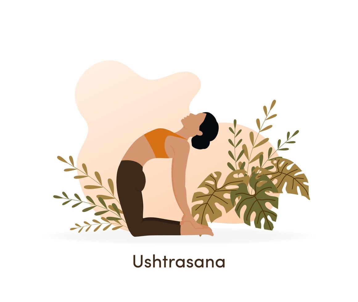 Young girl demonstrating ushtrasana pose with nature and leaves background. Flexible woman doing yoga pose. Vector illustration
