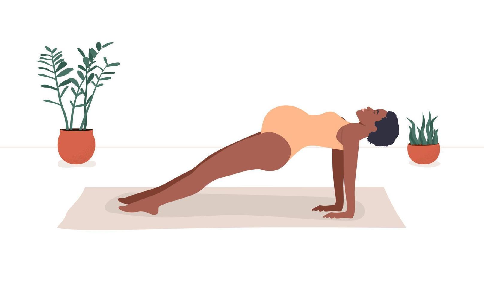 Dark skinned pregnant woman exercising during pregnancy. Mom with belly practicing prenatal yoga in reverse plank pose. Vector illustration isolated on white background